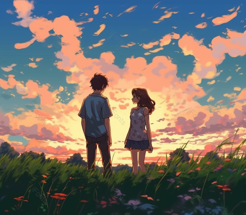 蓝色手绘夕阳下情侣插画背景,插画/手绘图,插画/手绘图库,插画/手绘图下载,插画/手绘